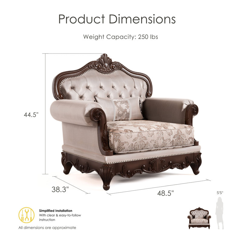 Barbato 48.5''W Tufted Chair with Damask Pattern, Brown Polyester