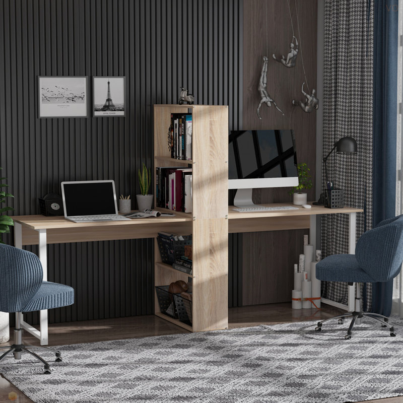 88" Extra Long 2-Person Computer Desk With Storage Shelves Combo, Double Workstation Storage Study Writing Table For Home Office, Bookshelf
