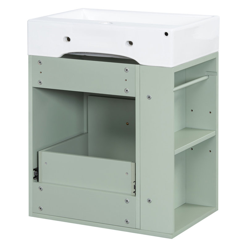 Meuble-lavabo mural 20 po avec lavabo monotrou en céramique, tiroir et tablette latérale, vert, Vert