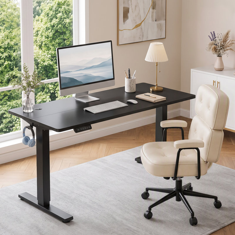 Bureau debout électrique à hauteur ajustable avec chaise de bureau en similicuir, H 46,46 po x l 48 po x P 23,62 po, Beige