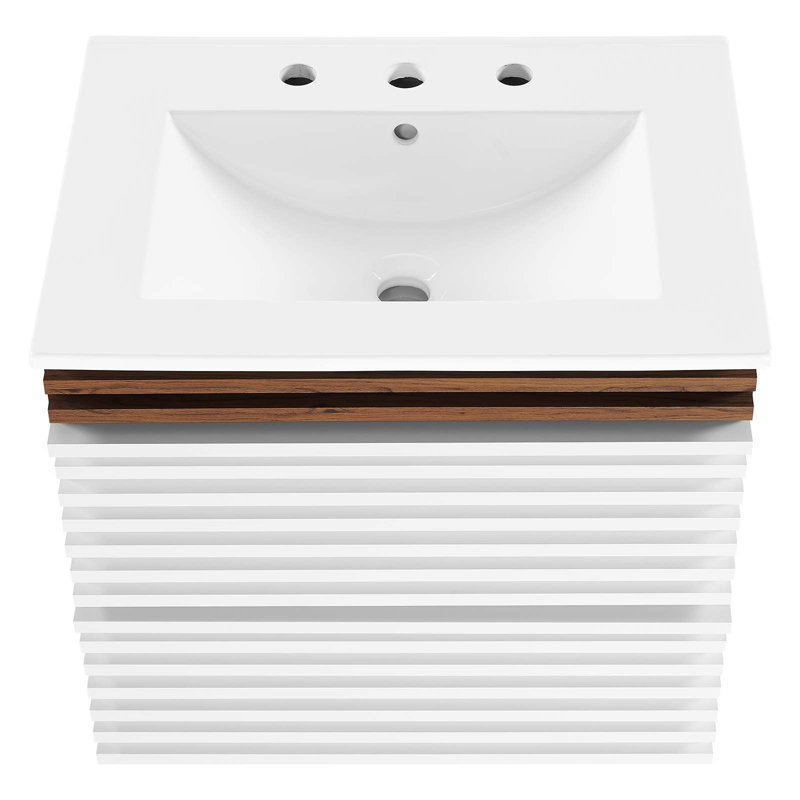Render 24.5" White and Walnut Wall-Mount Bathroom Vanity