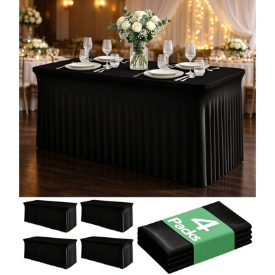 6Ft Black Ruffled Spandex Table Skirt 4 Pack, Elastic Fitted Table Cover for Wedding Party Buffet