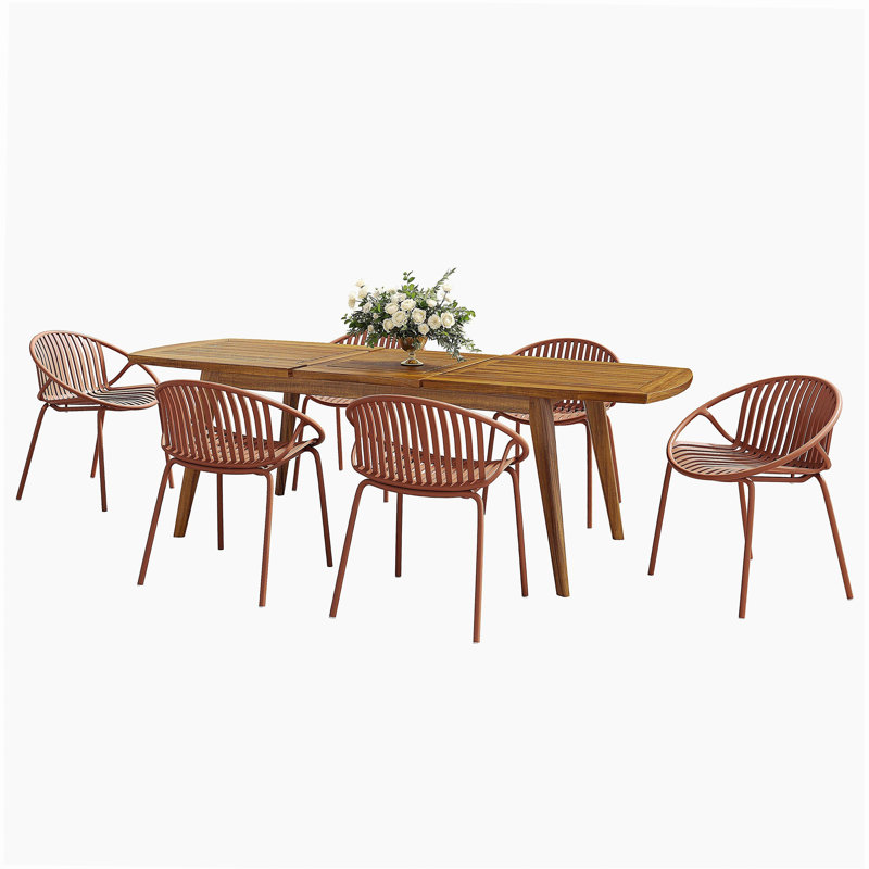 Ensemble de salle à manger d'extérieur moderne 7 pièces avec chaise empilable, orange et teck
