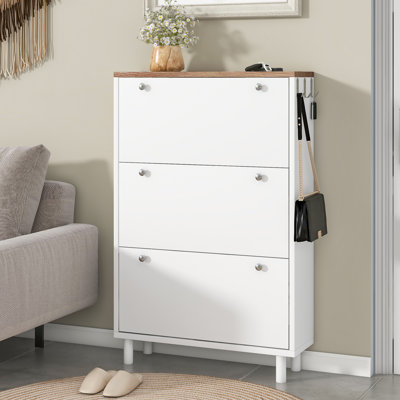 Armoire à chaussures surbaissée à conception étroite avec 3 tiroirs rabattables, organisateur d'entrée pour le dessus à motif de grain de bois avec 3 crochets, étagère à chaussures autoportante avec panneau ajustable pour le couloir