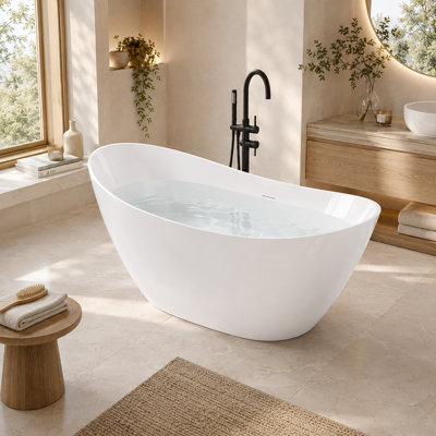 Baignoire ovale en acrylique de 160 cm (63 po) avec bonde centrale et trop-plein intégré, blanc brillant
