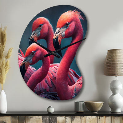 Close Up Pink Flamingos I - Flamingo Unique Shape Metal Wall Clock, Modern Freeform Wall Clock Print