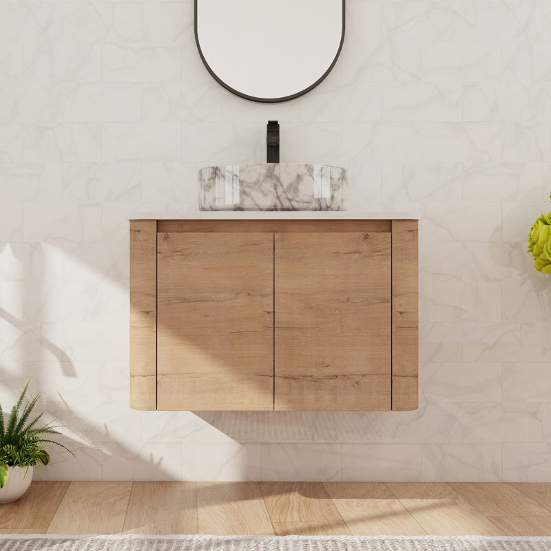 Meuble-lavabo flottant simple 30 po avec lavabo d'art en céramique, meuble-lavabo mural avec 2 portes à fermeture douce