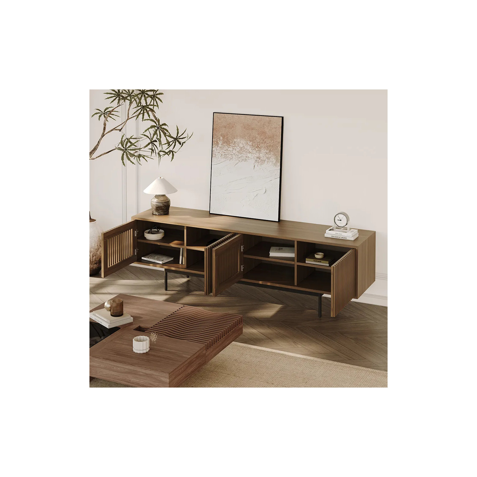 Daila Media Console, Walnut, 21.26" H x 78.74" W x 18.89" D