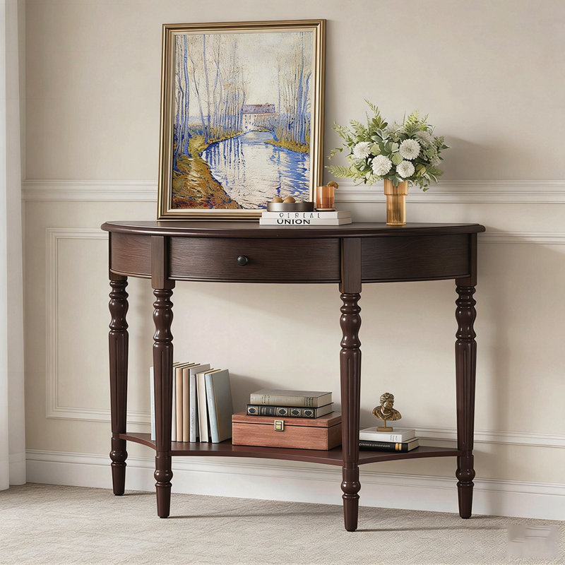Console Farmhouse en demi-lune avec tablette de tiroir décorative rustique pour entrée, salon, couloir et vestibule, Espresso