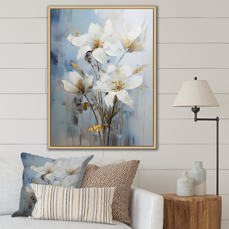 Lys blancs en fleurs, impression sur toile, Cadre naturel flottant, H 44 po x l 34 po