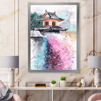 Fleurs de cerisier avec temple japonais - peinture sur toile