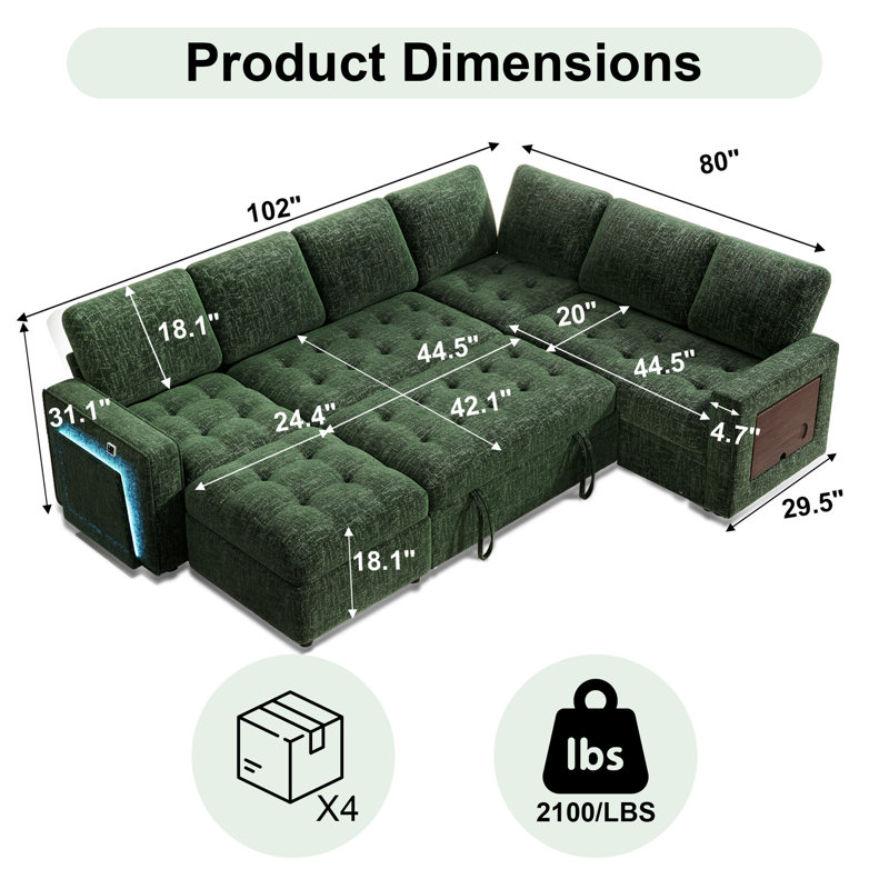 Canapé-lit modulaire en forme de L 7 pièces Darrin avec lit escamotable, repose-pieds, dossier réglable, charge USB, éclairage à DEL et table d'appoint - chenille (assemblage sans outil)