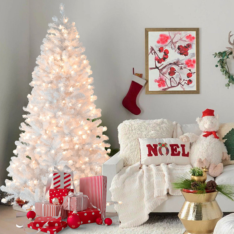 Arbre de Noël blanc 7,5 pi avec fil mémoire pré-éclairé - 450 lumières incandescentes chaudes, 1240 pointes, conception à dépliage automatique, support en métal stable, arbre de Noël artificiel en PVC