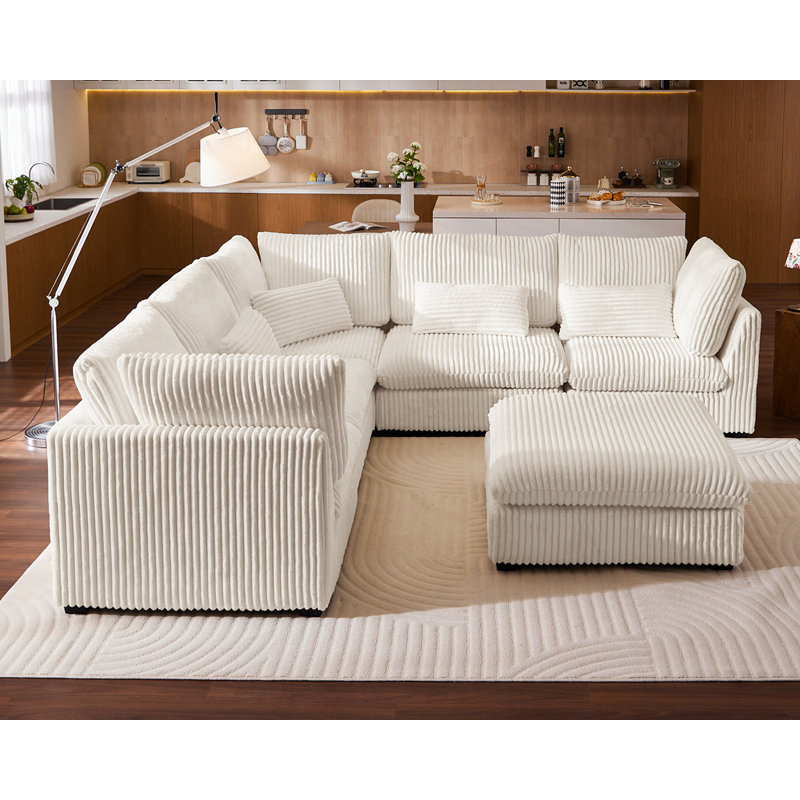 Oversized Modular Sofa Extra Deep Cloud Corduroy Sectional Couch With Ottoman Chaise, Fsc Certified, Cream Corduroy