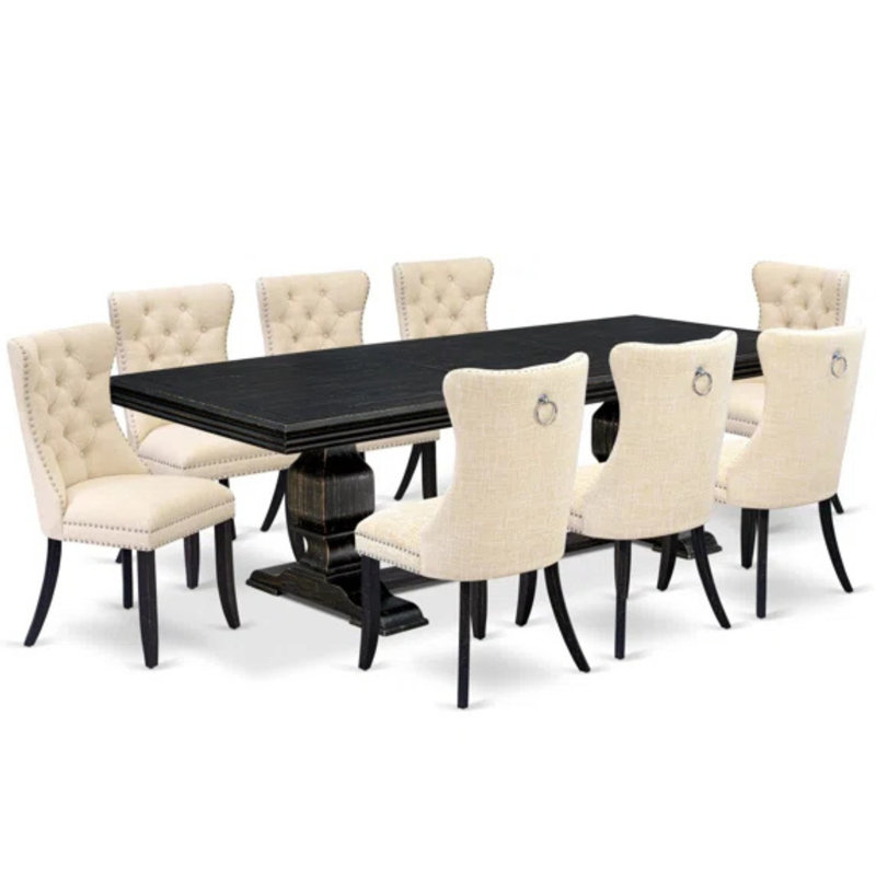 9-piece dining set consists of a wooden table and 8 Light Beige Polyester fabric dining chairs with Button Tufted Chair Back - Sand Blasting Black Finish.