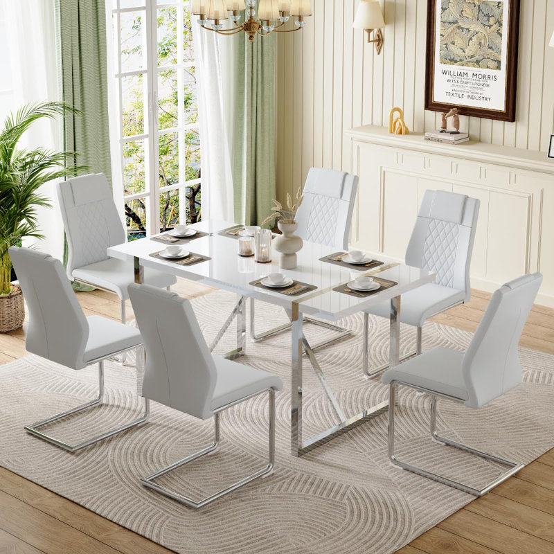 Minday Double Pedestal Dining Set, White/Silver, Silver, 7