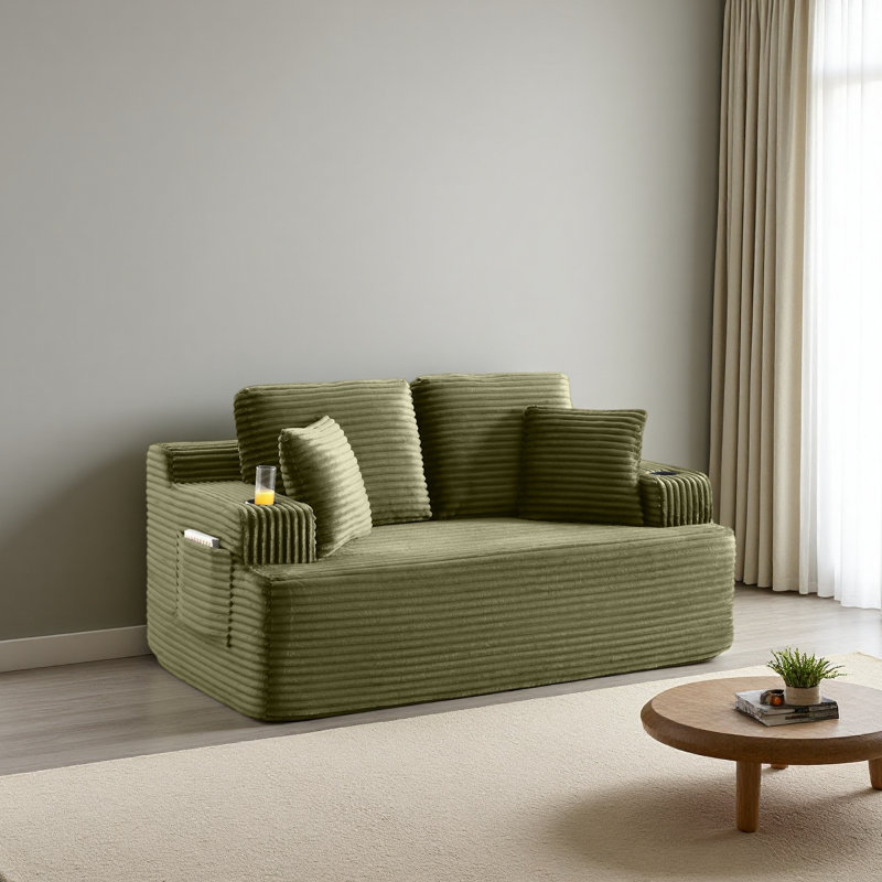 Canapé 66,5 po sans canapé avec 2 coussins supplémentaires, tissu en velours côtelé 2 places avec porte-gobelet et poche latérale avec revêtement de sol Installation facile