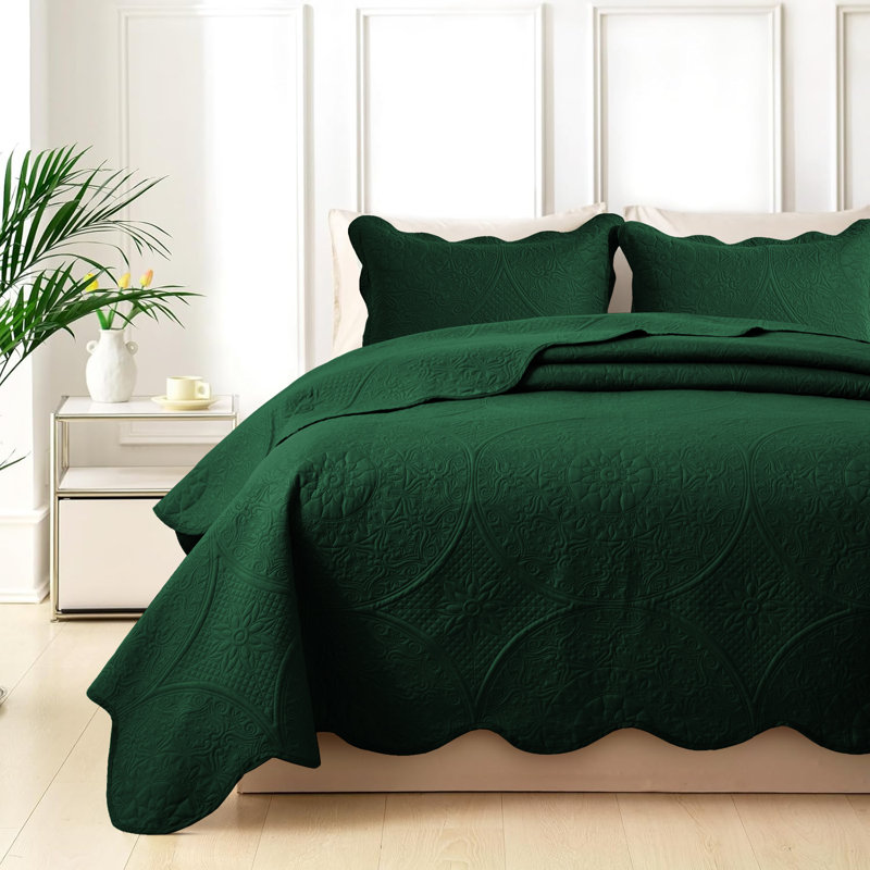 Ensemble de couvre-lit à motif floral en microfibre - Literie matelassée douce, légère et infroissable, Vert émeraude