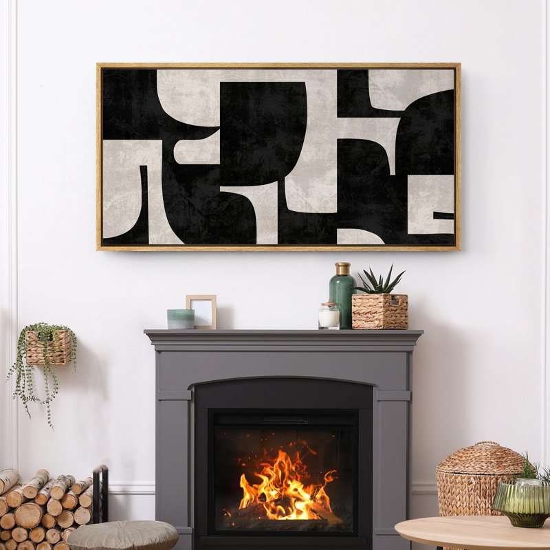 Motif géométrique abstrait géométrique noir et blanc, H 30 po x l 60 po, Naturel