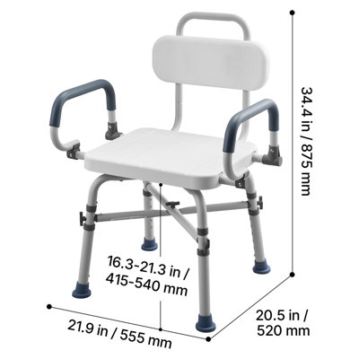 Chaise de douche pivotante avec accoudoirs et dossier, siège de banc robuste de 500 lb pour cabine de douche intérieure et baignoire, siège de baignoire de salle de bain à hauteur réglable pour adultes, personnes âgées, personnes âgées et personnes à mobilité réduite