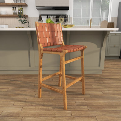 Markus Teak Wood Woven Leather Seat and Back Bar Stool with Beam Footrest