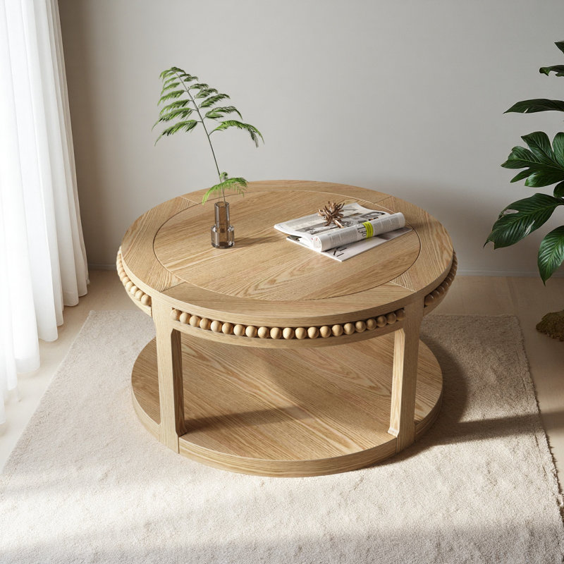 Table basse et canapé de 31,5 pouces en bois massif rond - plateau épaissi à deux niveaux, pieds robustes, table circulaire pour le salon