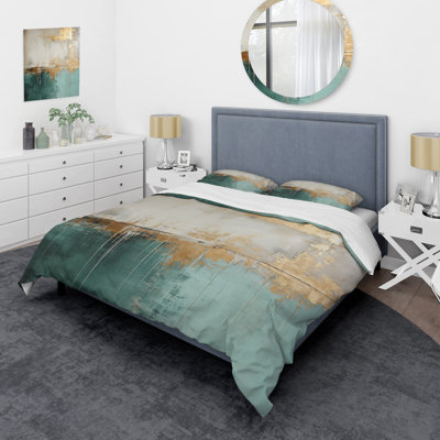 Minimalism Gold And Teal Horizon - Abstract Painting Duvet Cover Set