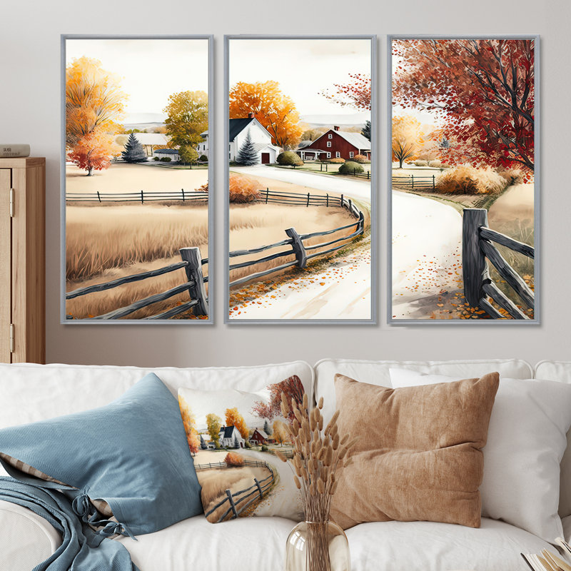Chemin vers la grange III - ensemble d'art mural sur toile, H 32 po x l 48 po, Cadre flottant blanc
