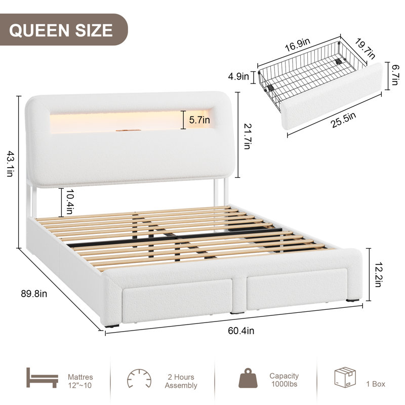 Structure de lit tapissier, lit de rangement avec DEL et station de charge, Grand lit