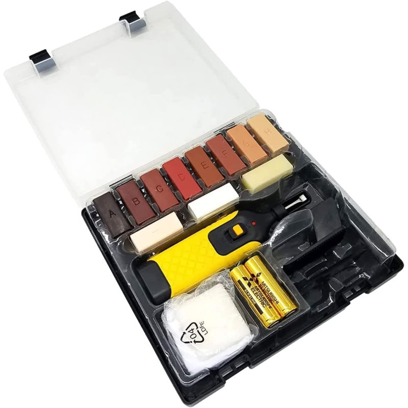 19Pcs Laminate floor repair kit, Furniture Repair Kit, Wax Heating repair Gun for Wax Laminate vinyl PVC Worktop Flooring repair 11 Colors Wax Blocks Chips Remover, Damaged Laminate Vinyl Floor Repair