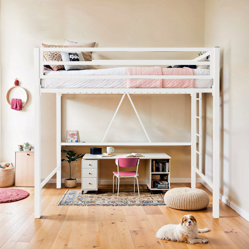 Maranto Kids Twin Metal Loft Bed Frame with Ladder and Guardrails, White