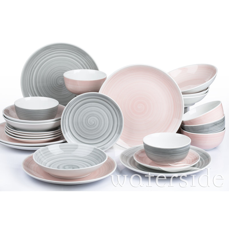 Waterside 24pc Grey and Pink Spinwash Dinner Set