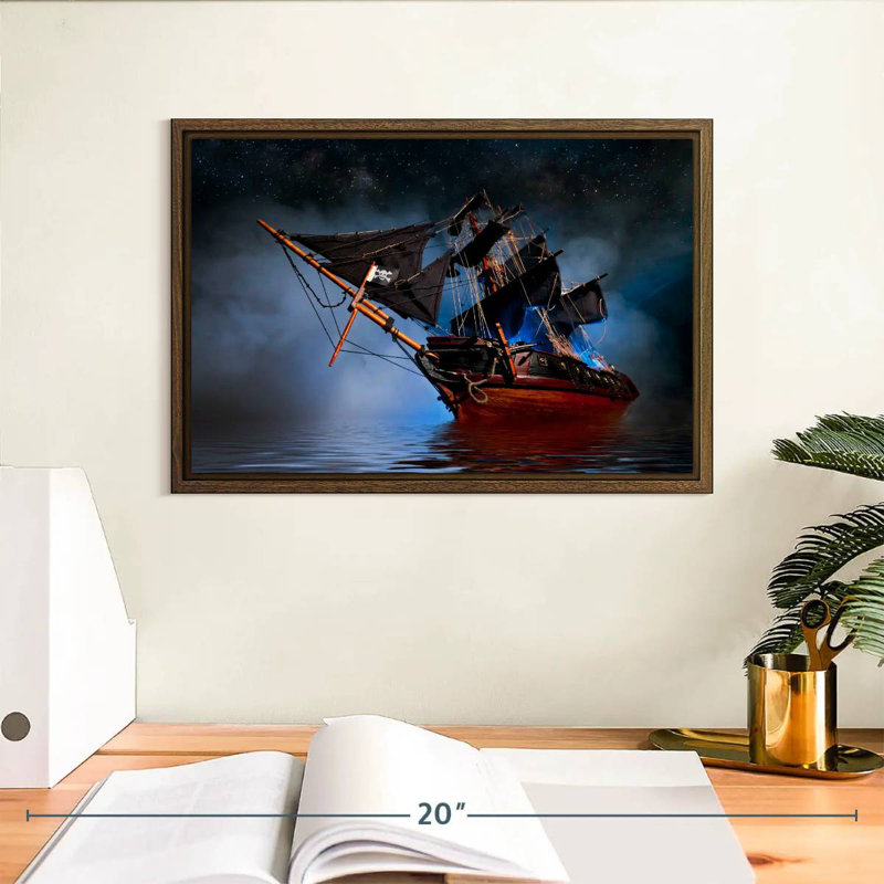 Bateau pirate, 13 po x 9 po, Cadre flottant noyer