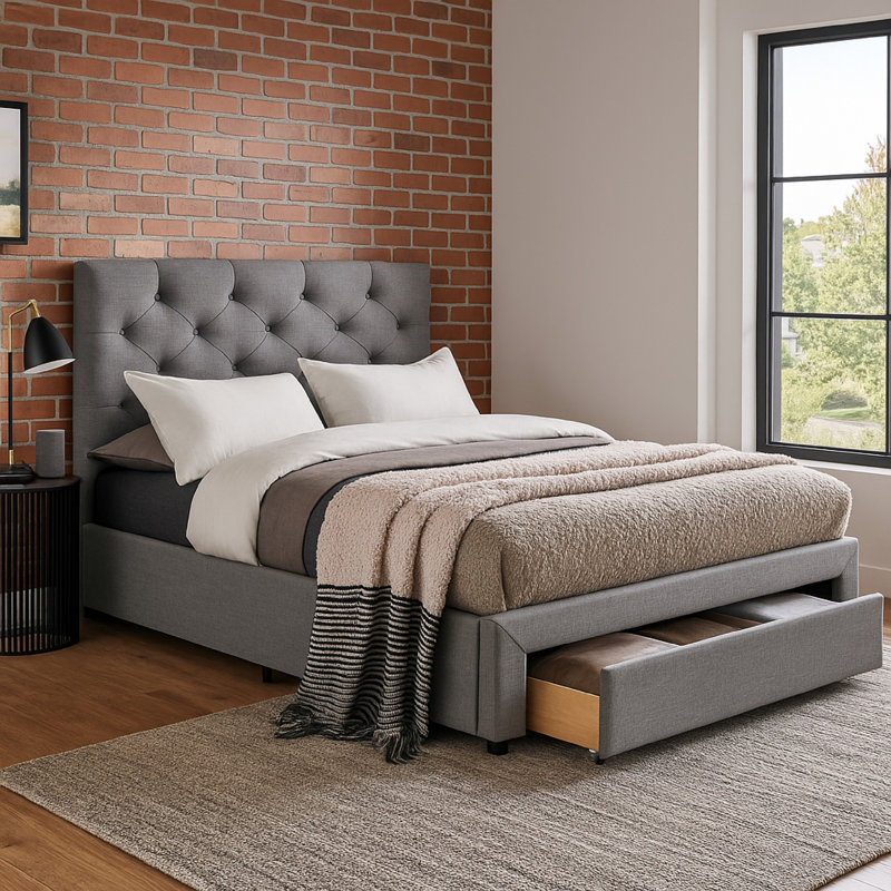 Lit Sya avec capitonnage à boutons et rangement sous le lit, Gris, Grand