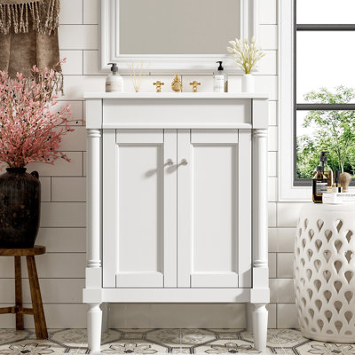 Armoire de rangement de salle de bain 24 po avec lavabo en céramique. Moderne. Bois massif. Lavabo brillant. Beaucoup d'espace. Blanc. Grandes charnières de rangement modernes. Poignée exquise. Charnières. Convient aux robinets de 4 po