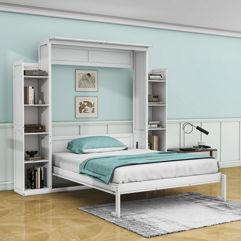 Lit escamotable en bois avec tablettes et lumières DEL Rashem, Grand, Blanc