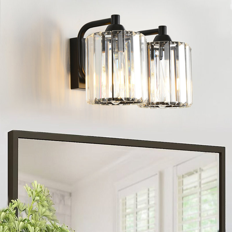 Luminaire de meuble-lavabo noir avec abat-jour en cristal, 8" H x 12.6" W x 8.5" D, Deux lumières