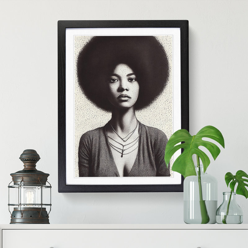 FRM-V0523-2942X Woman With Afro Stippling - Single Picture Frame Print, Black, 64cm H x 46cm W x 2cm D