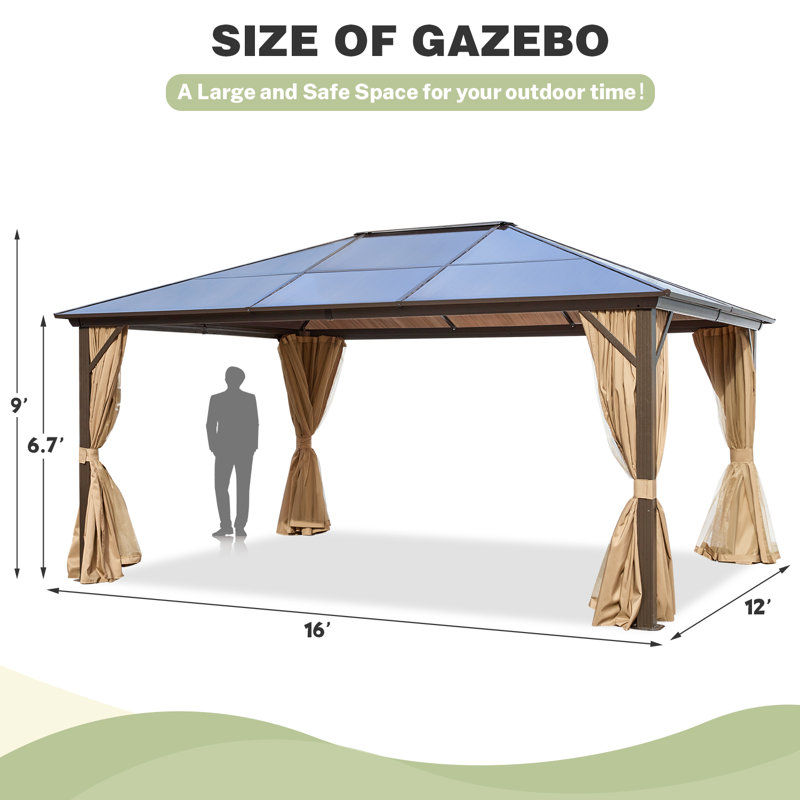 16 pi L 12 pi. D Pavillon de jardin à toit rigide en aluminium, pavillon permanent avec rideaux et moustiquaire, auvent extérieur double, conçu pour le jardin, les pelouses, le patio, brun