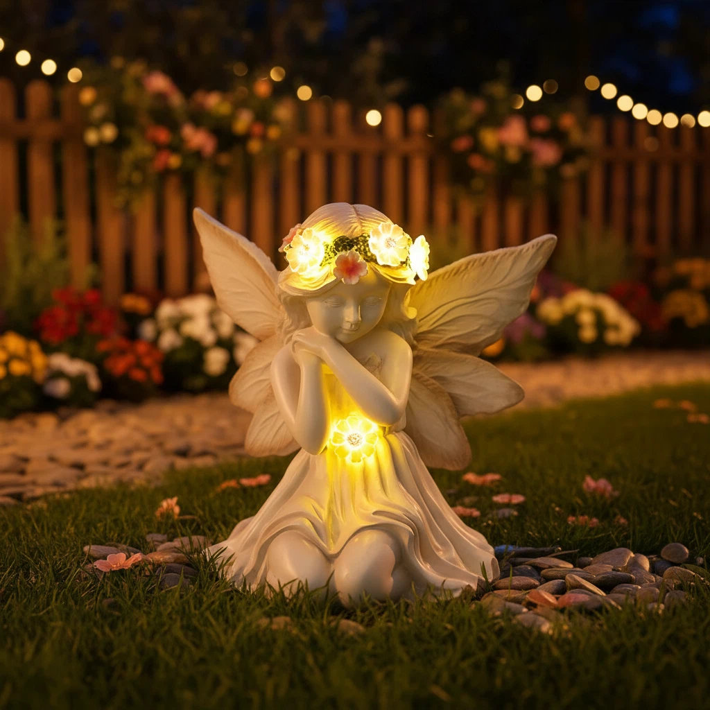 LUMIARTISAN Angel Garden Statue: White Resin with Flower Crown | Wayfair