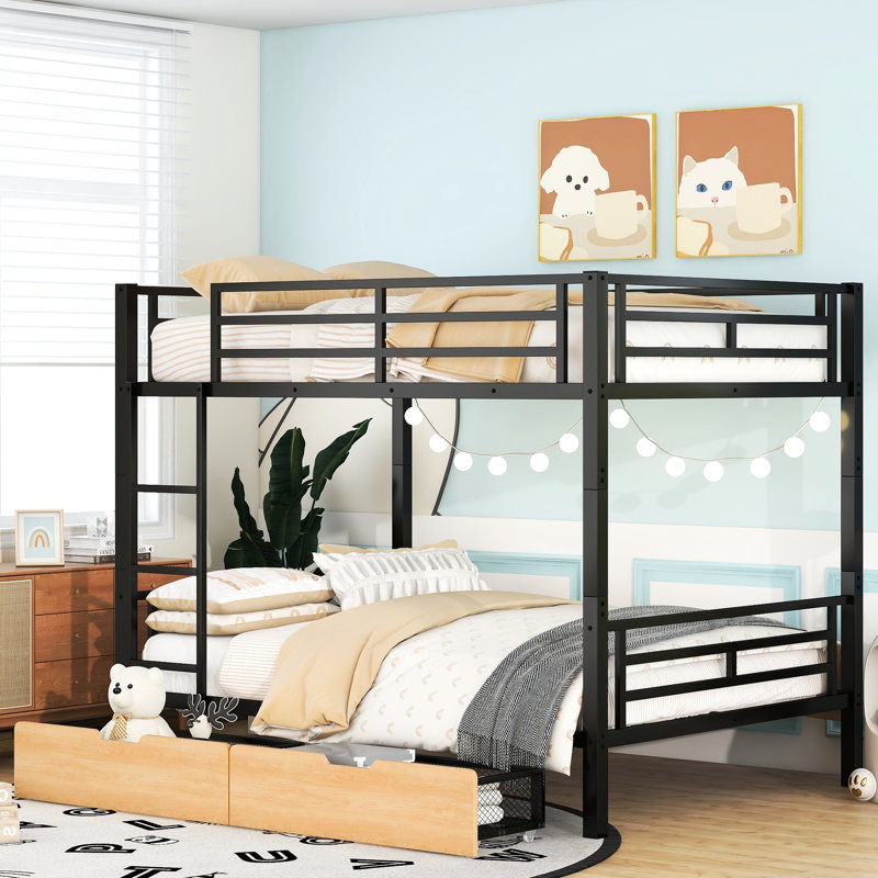 Black Metal Bunk Bed With 2 Practical Storage Features - Construction Convertible Full Size Bed, Spacious Drawers