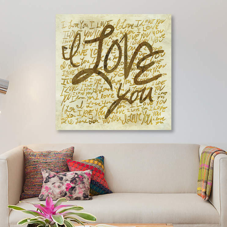 « i love you », art textuel sur toile, H 12 po x l 12 po x P 0,75 po