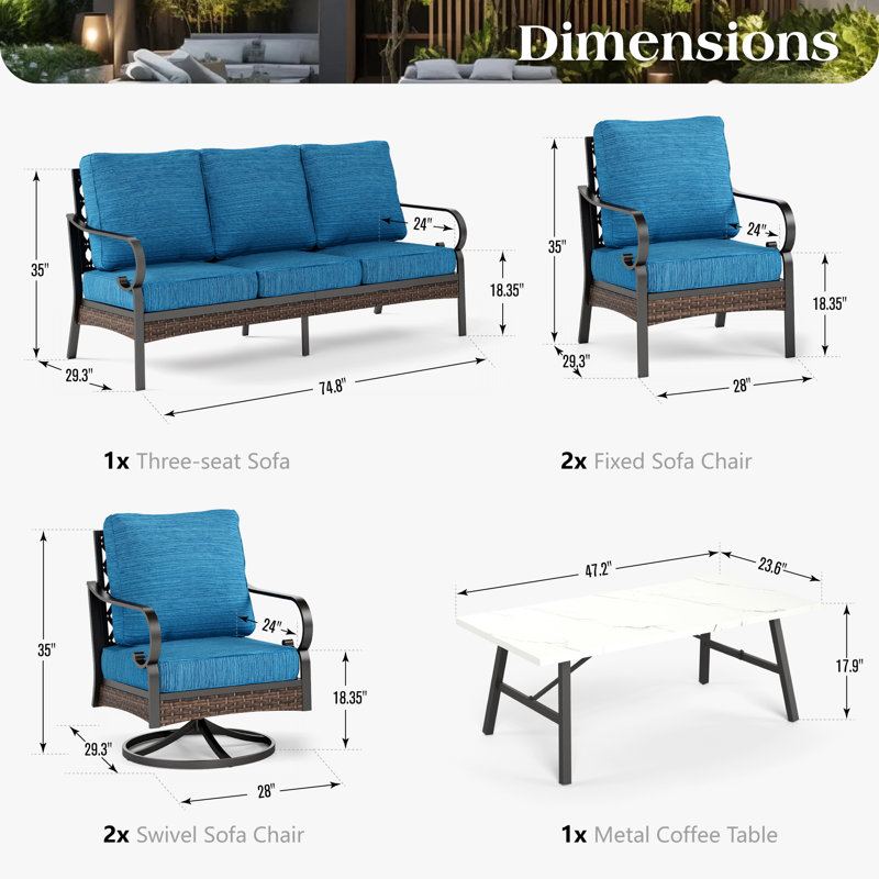 7 - Person Outdoor Patio Conversation Set With 2 Swivel Lounge Chairs, Peacock Blue