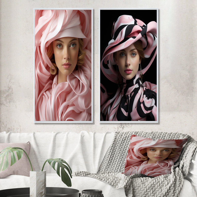 Femme chic avec chapeau - ensemble de salon mode et art mural, Cadre blanc, H 32 po x l 33 po