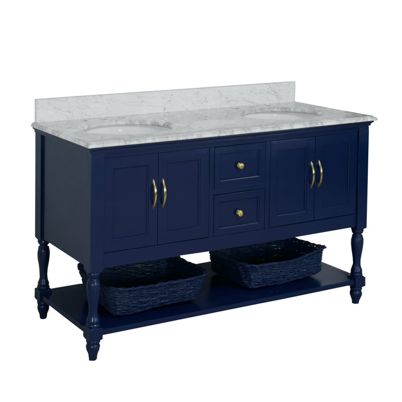 Hampton 60'' Double Bathroom Vanity with Top, Carrara Marble, Royal Blue