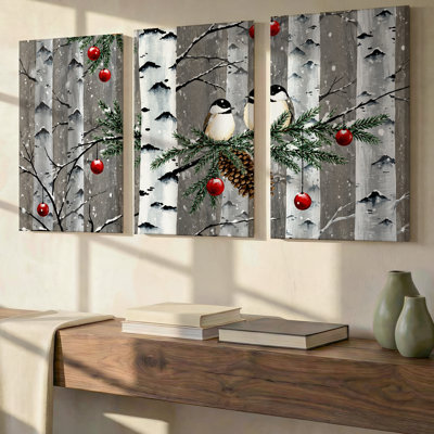 3 Pieces Exculisive Birch Forest Chickadees with Red Ornaments Wall Art Winter Panoramic Canvas, Canvas Decor for Living Room, Bedroom and Office