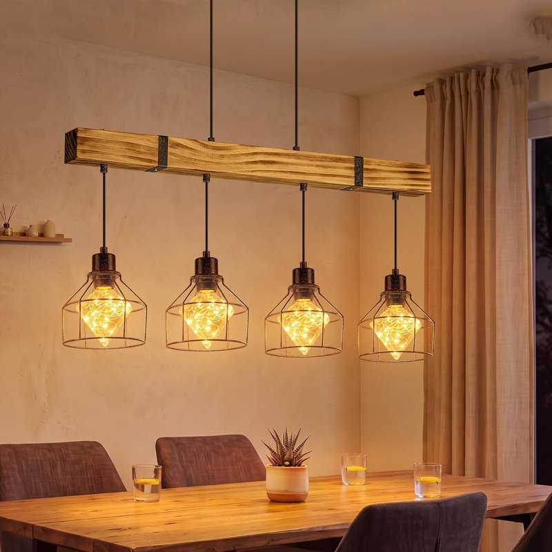 4-Light Vintage Burnt Wood Kitchen Island Pendant