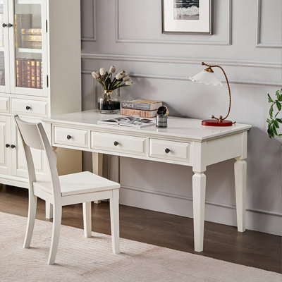 55.12"White Retro Rectangle boxwood Writing Desk,3-drawer