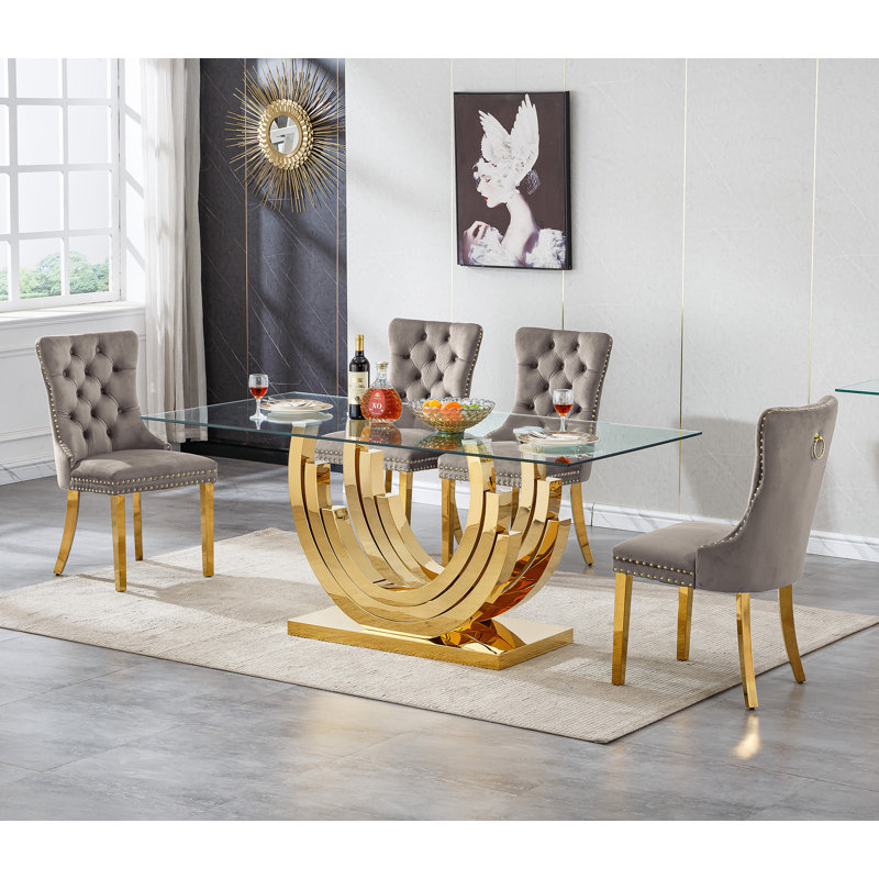 Modern Glass Dining Table Set, Clear Glass Dining Table with Stainless Steel Pedestal & Dining Chairs, 70" Rectangle Dining Room Table and Chairs Set, Luxury Kitchen Table Set