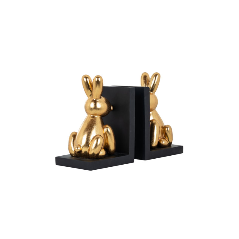 Gold Resin Bunny Bookends with Black Base, Set of 2